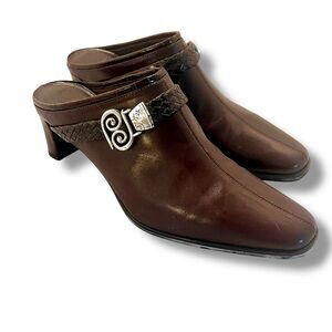 Brighton Tapa Brown Leather Weave Strap Buckle Mules Croc Heel Pumps Size US 7.5